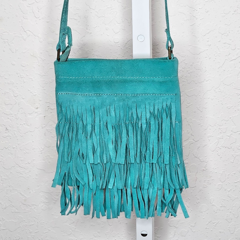 Turquoise Genuine Suede Leather‎ Fringe Crossbody Bag Small Boho Festival Teal - Picture 2 of 5